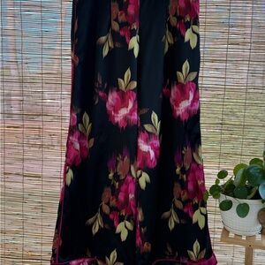 Torrid Black Wide Leg Satin Pants with Pink Floral Design